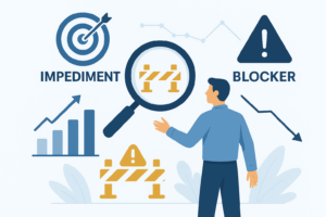 Flat-style illustration showing the difference between Agile impediments and blockers, with charts, roadblocks, and magnifying glass highlighting obstacles to value delivery.