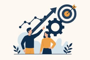 Flat-style digital illustration of two people pointing toward an upward arrow, gear, and target, symbolizing relentless improvement in SAFe Agile.