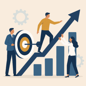 Flat-style digital illustration of Agile professionals aligning targets, metrics, and arrows to symbolize SAFe’s shift from “Program” to value delivery.