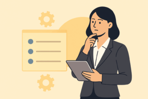 Professional woman reviewing Agile practices with gears and checklist representing Scrum Guide interpretation and adaptive frameworks