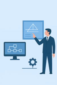 Digital illustration of a software architect pointing at a system blueprint and flowchart, symbolizing architectural runway planning in SAFe Agile.