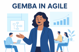 Flat-style illustration of a woman leading an Agile Gemba discussion, surrounded by teammates and charts symbolizing collaboration and progress