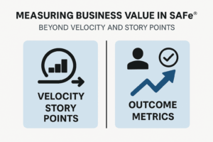 Visual comparison of SAFe Agile metrics showing velocity and story points versus outcome-driven business value metrics like OKRs and satisfaction.