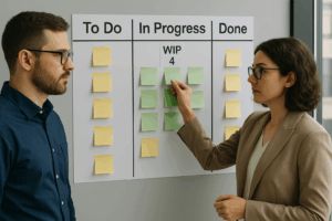 Two Agile professionals collaborating at a Kanban board with visible WIP limits, highlighting team focus and workflow optimization.
