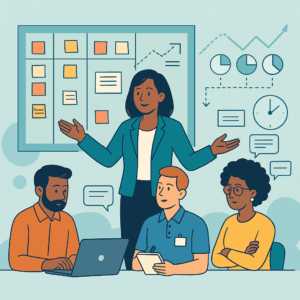 A confident Release Train Engineer leading a collaborative Agile team in front of a Kanban board and data charts.