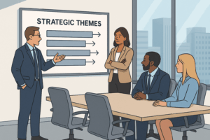 Corporate professionals collaborating on strategic themes in a modern office setting, visualizing SAFe portfolio alignment concepts.